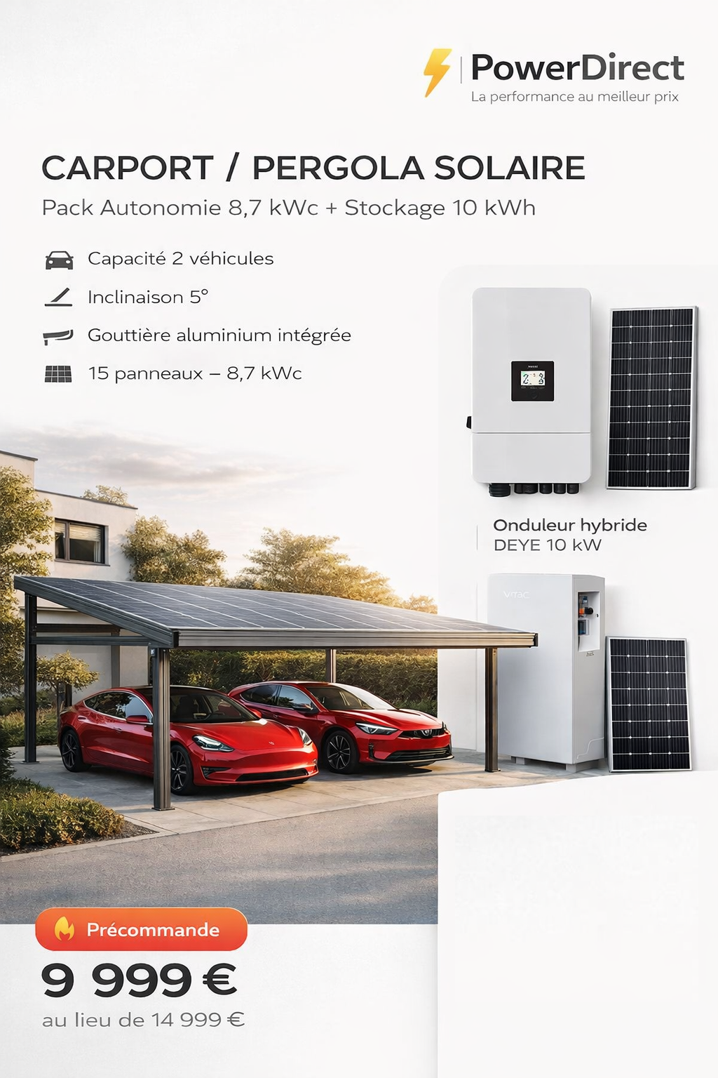 Pack Carport / Pergola Photovoltaïque Autonomie 8,7 kWc + Stockage 10 kWh