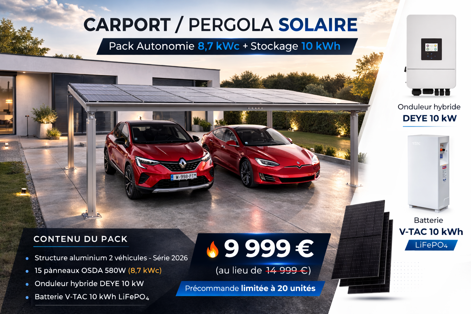 Pack Carport / Pergola Photovoltaïque Autonomie 8,7 kWc + Stockage 10 kWh